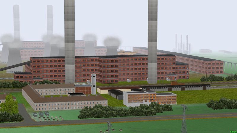 Blick auf das Kraftwerk, im Vordergund die Berufsschule des VEB BV Espenhain